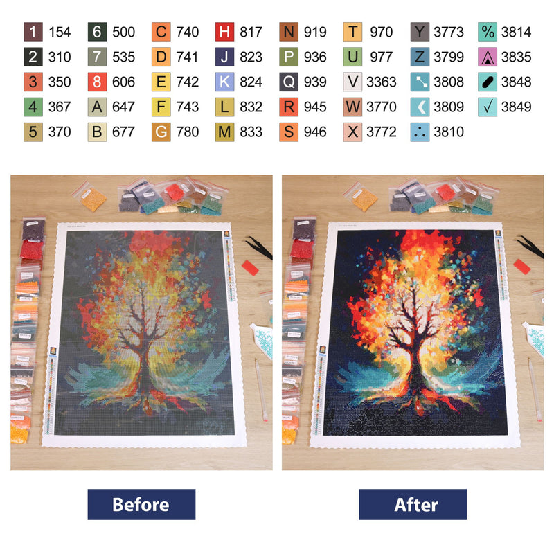 Wooden Bridge Over Blooming Trees Diamond Painting Before VS After