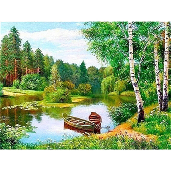 Boat And Green Forest Diamond Painting Diamond Art Kit