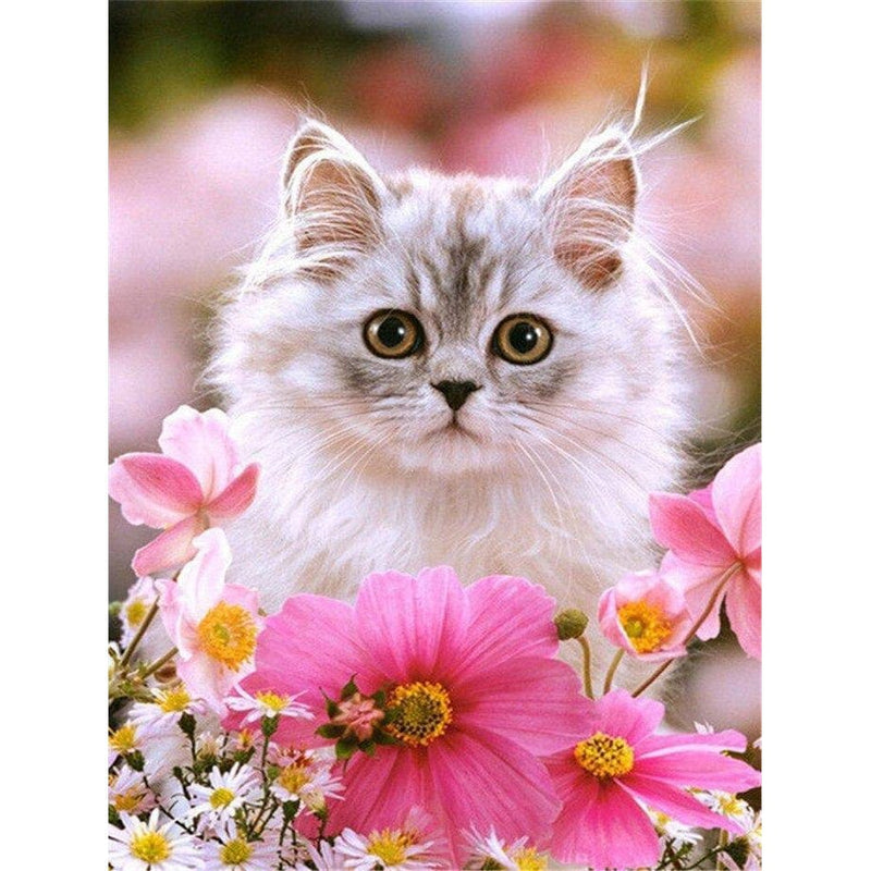 Cat With Pink Flowers Diamond Painting Diamond Art Kit