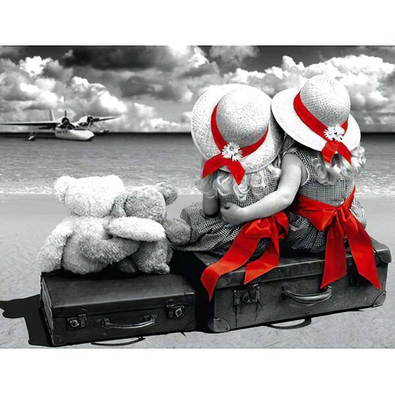 Couple Of Children And Their Soft Toys Peering At The Horizon Diamond Painting Diamond Art Kit