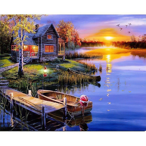 House By The Lake At Dusk Diamond Painting Diamond Art Kit