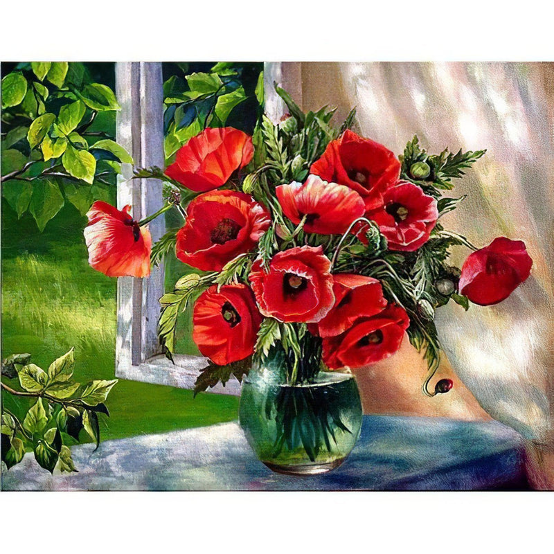 Red Flowers In The Van Diamond Painting Diamond Art Kit