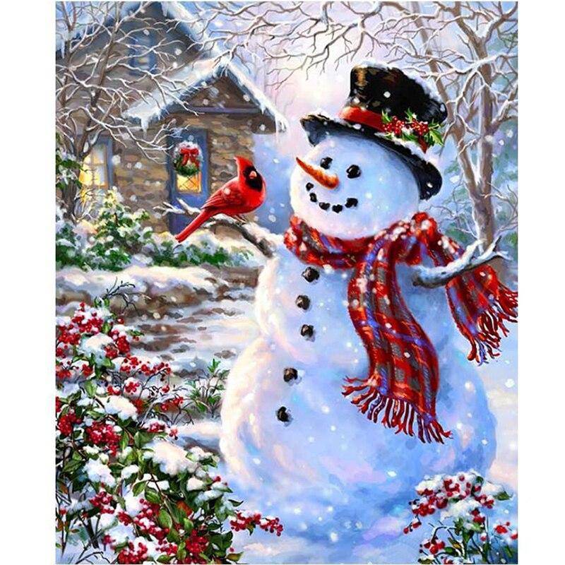 Snowman With Red Bird Diamond Painting Diamond Art Kit