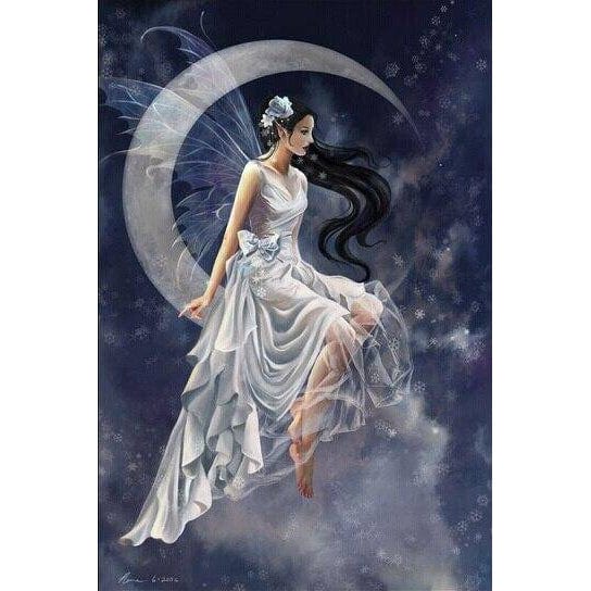 White Moon Girl With Black Hair Diamond Painting Diamond Art Kit