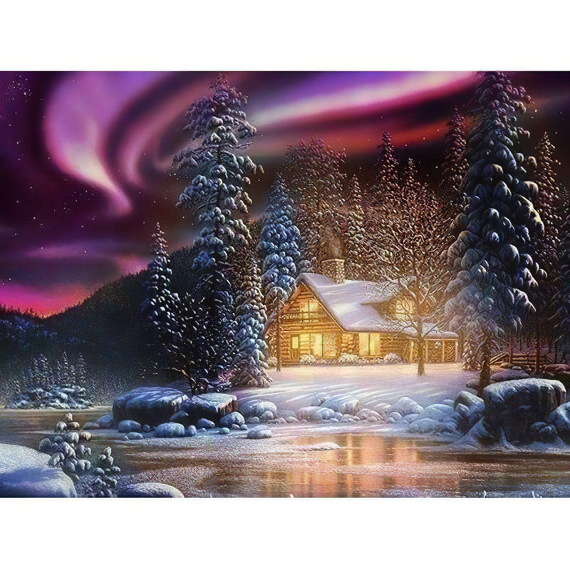 Winter House Over Mountainous Lake Diamond Painting Diamond Art Kit